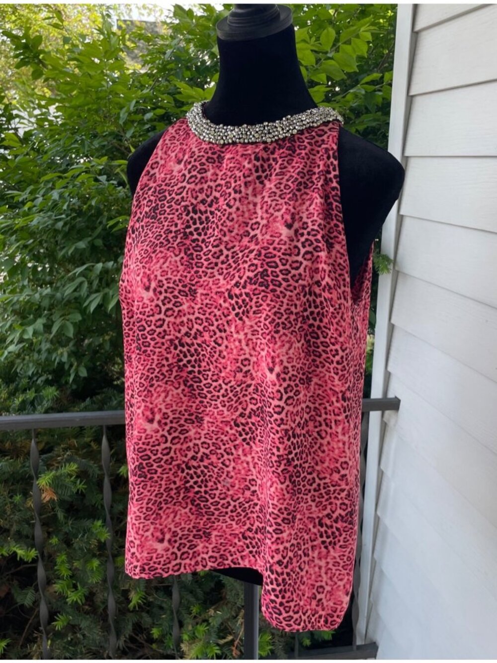 Y2K Jennifer Lopez Tank Top Layered Rhinestone Pink Leopard Print M Maximalist
